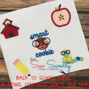 Zurück zu Schule Mini Stickerei: Maschine Stickerei Applique Design - Apfel, Bücherwurm, Schulhaus, Cookie, Bleistift