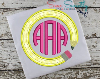 Pencil Monogram Frame Back to School Applique:  Machine Embroidery Applique Design 1st Grade Pencil Circle