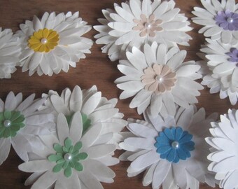 Lot of 20 3-inch daisy upcycled paper stickers with pearl or crystal stamen