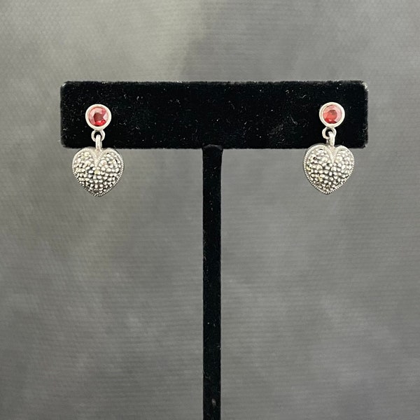 Garnet and Marcasite Sterling Silver Heart Earrings, with Ear Posts. 3/4 Inch Long. Free shipping.