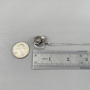 Peut inclure: Un collier avec pendentif singe argent&eacute;. Le singe est d&eacute;taill&eacute; avec de la fourrure visible et mesure environ 2 cm de long. La cha&icirc;ne du collier est d&eacute;licate et argent&eacute;e. Une pi&egrave;ce de monnaie est &agrave; c&ocirc;t&eacute; du pendentif pour la comparaison de taille.