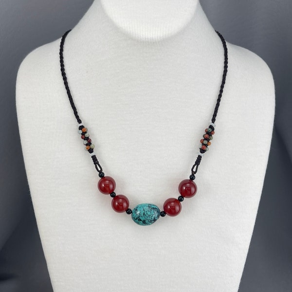 Chinese Turquoise, Carnelian, and Jade Silk Cord Necklace, 17 to 28 Inches Long, Adjustable. Free shipping.