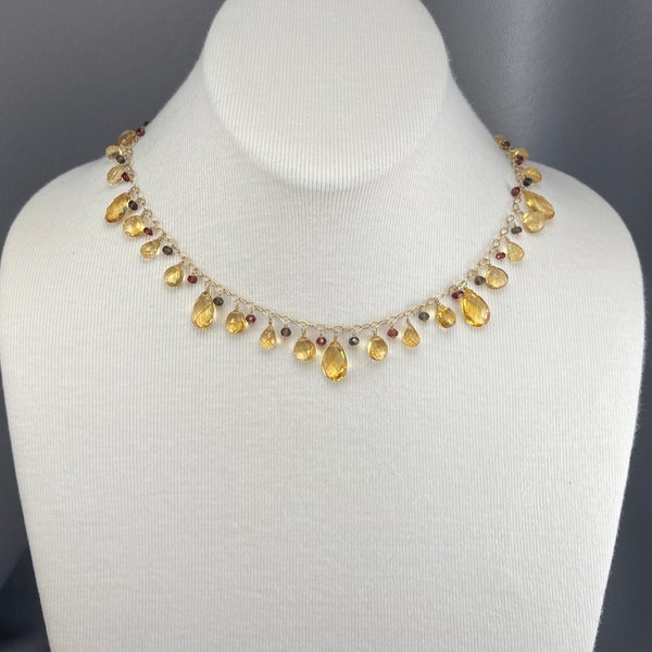 14 Karat Gold, Citrine, Garnet, and Smoky Quartz Necklace-16 Inches Long. Free shipping.