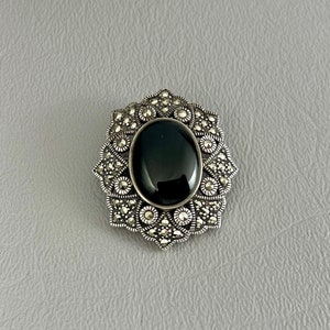 Vintage Sterling Silver, Black Onyx, and Marcasite Brooch/Pendant-1 1/8 Inches Long. Free shipping.