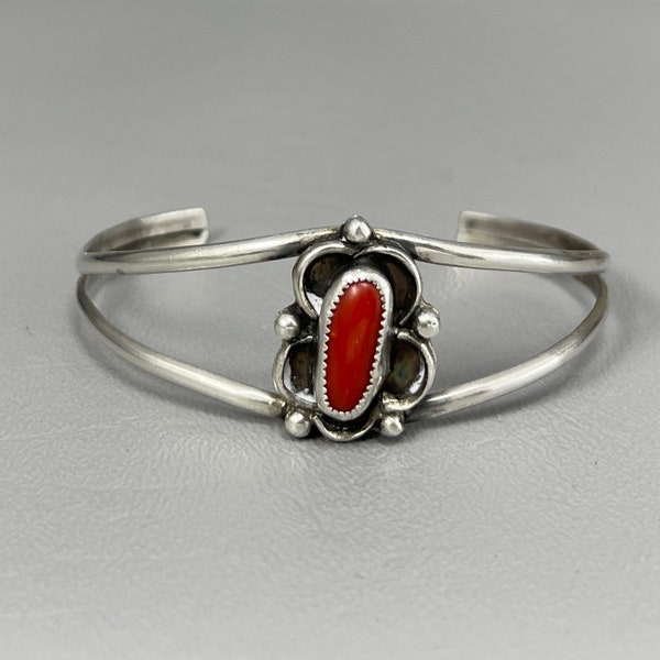 Native American Red Coral Silver Cuff Bracelet-2 1/4 Inches Across. Fits a Smaller Wrist. Free shipping.