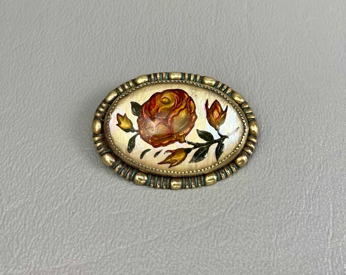 Antique Reverse Painted Goofus Glass Brooch1 1/2 Inches Across. Free