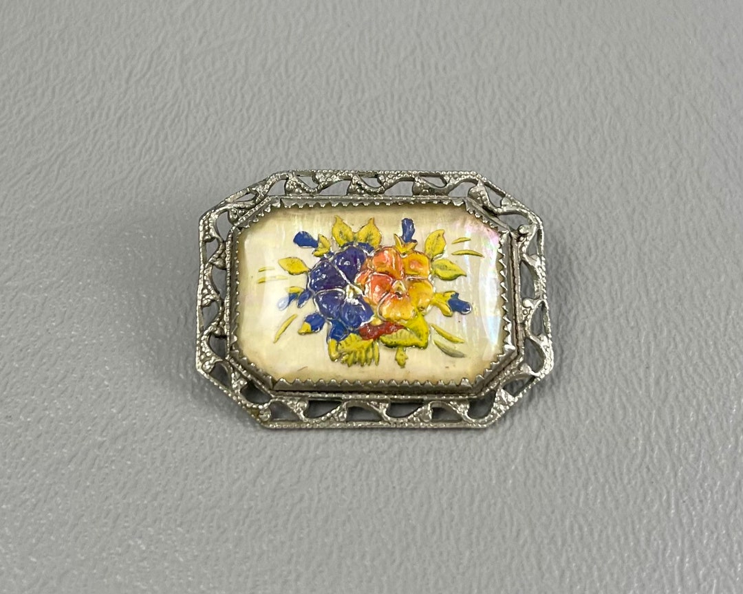 Antique Goofus Glass Reversepainted Brooch, With C Clasp1 3/8 Inches