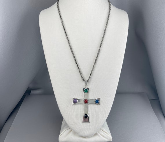 Heavy Sterling Silver and Gemstone Cross Pendant,… - image 1