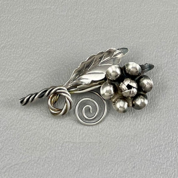 Antique Sterling Silver Handmade Flower Brooch-2 Inches Long, with Bronze Pin Stem. Free shipping.