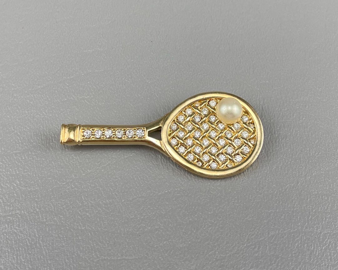 Rhinestone Racket Icon Swarovski Crystal Rhinestone and Faux Pearl Tennis Racket Brooch-2 1/4 ...