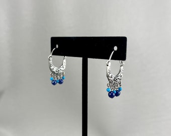 Vintage Thai Sterling Silver Hoop Pierced Earrings with Blue Stone Beads-1 Inch Long. Free shipping.