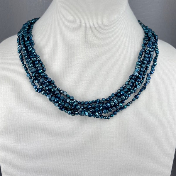 Vintage Blue Freshwater Pearl Torsade Necklace-18 Inches Long. Free shipping.