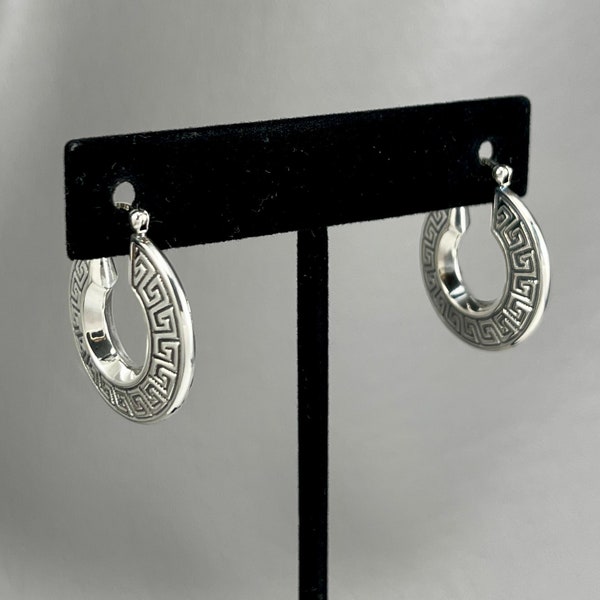 Sterling Silver Greek Key Hollow Hoop Pierced Earrings-1 Inch Long. Free shipping.