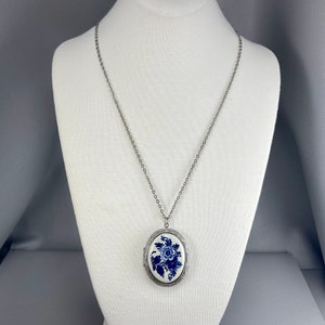 Blue and White Porcelain Silver-Tone Locket, on 24 Inch Chain. Free shipping.