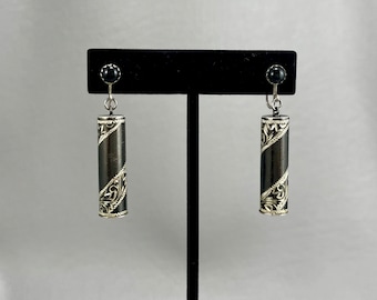 Old Engraved and Blackened Silver Screwback Earrings-1 3/4 Inches Long. Please Read Description. Free shipping.