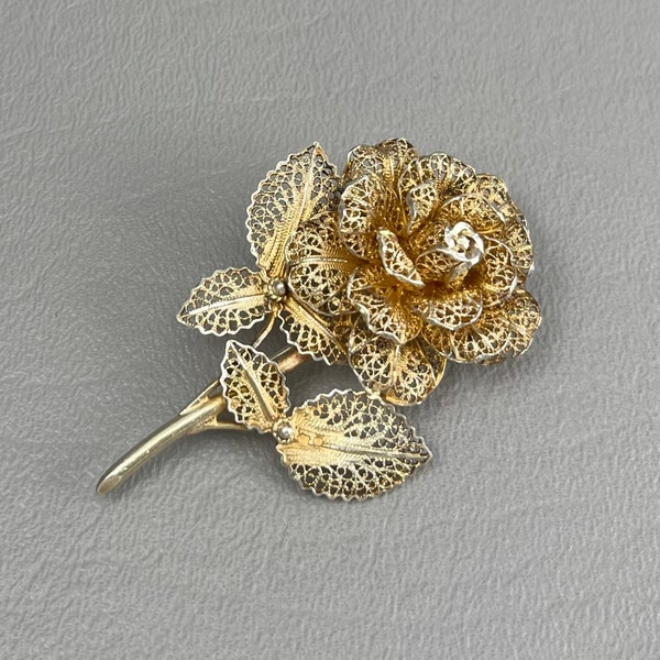 Vintage Gilt Silver Canetille Filigree Flower Brooch-2 1/4 Inches Long.