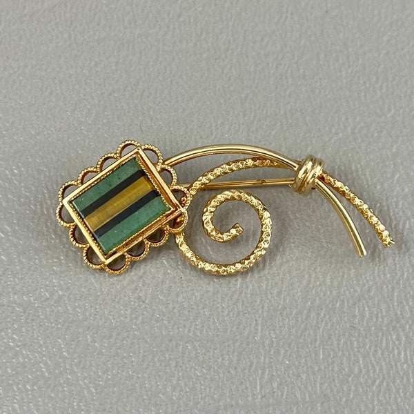 Jade, Tigereye, and Black Onyx Intarsia Mosaic Stone Gold-Filled Brooch-1 5/8 Inches Long. Free shipping.