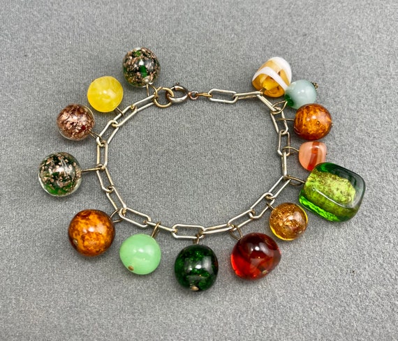Vintage Glitter Glass Bead Charm Bracelet -7 5/8 … - image 1