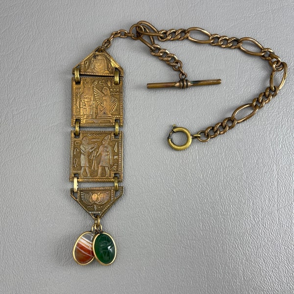 Egyptian Revival Brass Watch Fob with Gemstone Scarabs, on 8 Inch Watch Chain. Please