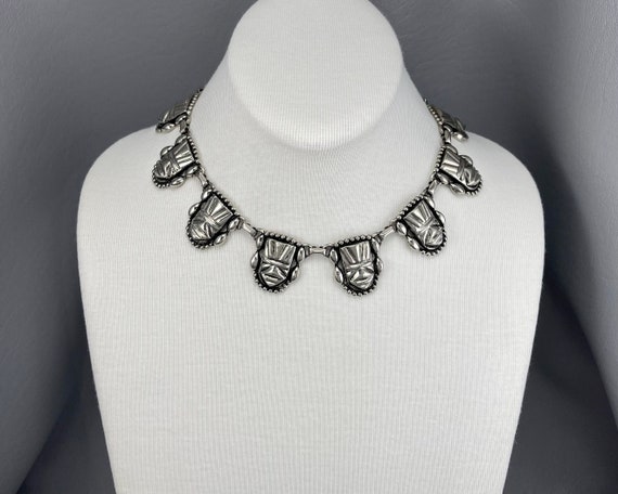 Vintage Silver-Tone Faux-Mexican Mask Necklace-16… - image 1