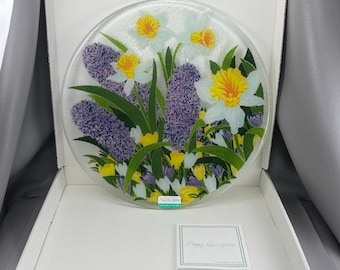 Peggy Karr Hyacinth and Daffodil Fused Glass Plate, with Original Box and Pamphlet-11 Inches Across. Free shipping.