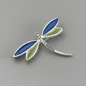 Sterling Silver Dragonfly Brooch with Transparent Blue and Green Wings-2 Inches Wide. Free shipping.