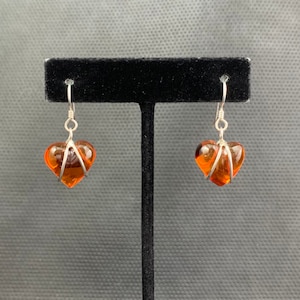 Amber and Silver Puffy Heart Pierced Earrings-1 1/3 Inches Long. Free shipping.
