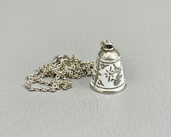 Vintage Siam White Enameled Silver Bell, on 18 In… - image 3
