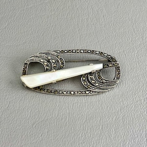 Art Deco Revival 1980s Sterling Silver Brooch with Marcasites-2 Inches Long. Free shipping.