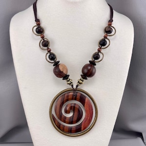 Big Wooden and Brass 1980s Pendant Necklace-20 Inches Long. Free shipping.