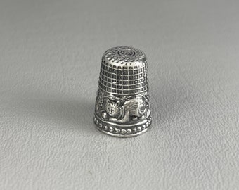 Antique Silver Cat and Ball of Yarn Thimble-1 Inch Long. Free shipping.