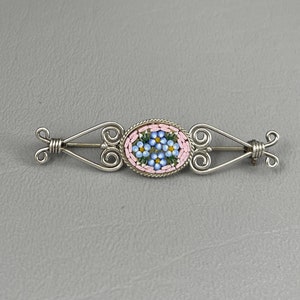 Vintage Italian Pink Micromosaic 800 Silver Brooch-2 Inches Long. Free shipping.