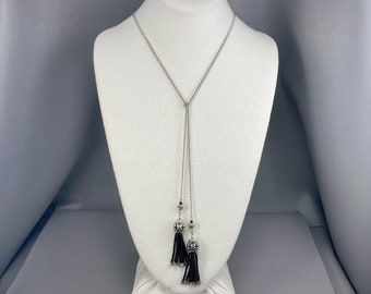 Brighton Silver-Plated Lariat Necklace with Black Seed Bead Tassels-42 Inches Long. Free shipping.