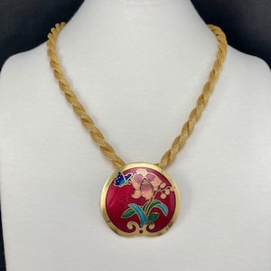 Red Cloisonne Enamel Gold-Plated Pendant, on 19 Inch Gold-Plated Mesh Chain. Free shipping.