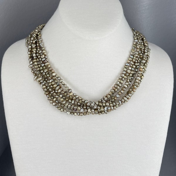 Olive Green Freshwater Pearl Torsade Necklace, with Silver Clasp-18 Inches Long. Free shipping.