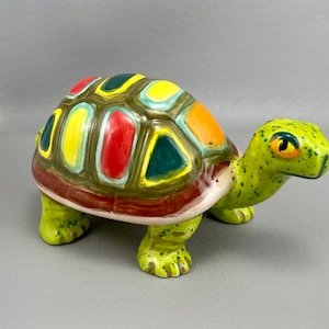 Vintage Colorful Hand-Painted Ceramic Turtle-5 1/2 Inches Long. Free shipping.