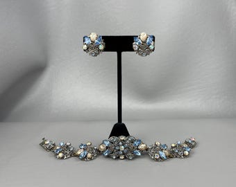 1950s Light Blue Glass Rhinestone Bracelet and Clip Earrings Set-7 1/4 Inches Long. Free shipping.