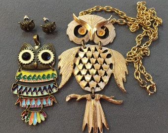 Funky Vintage Owl Jewelry-Necklace, Pendant, and Pierced Earrings