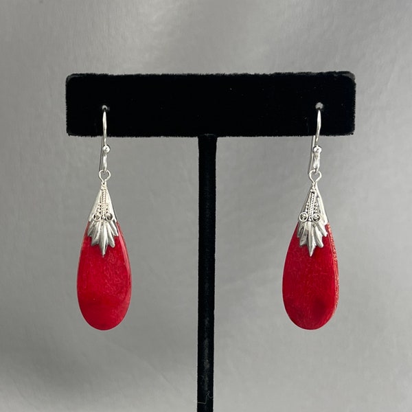 Red Sponge Coral and Sterling Silver Pierced Earrings-2 Inches Long. Free shipping.