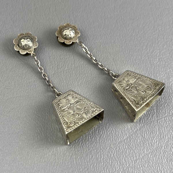 Old Mexico Engraved Sterling Silver Shirt Stud Bells-2 1/8 Inches Long. Free shipping.