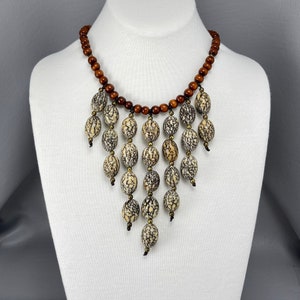 Vintage Tagua Nut and Wood Bead Necklace, on Waxed Cotton Cord-17 Inches Long. Free shipping.