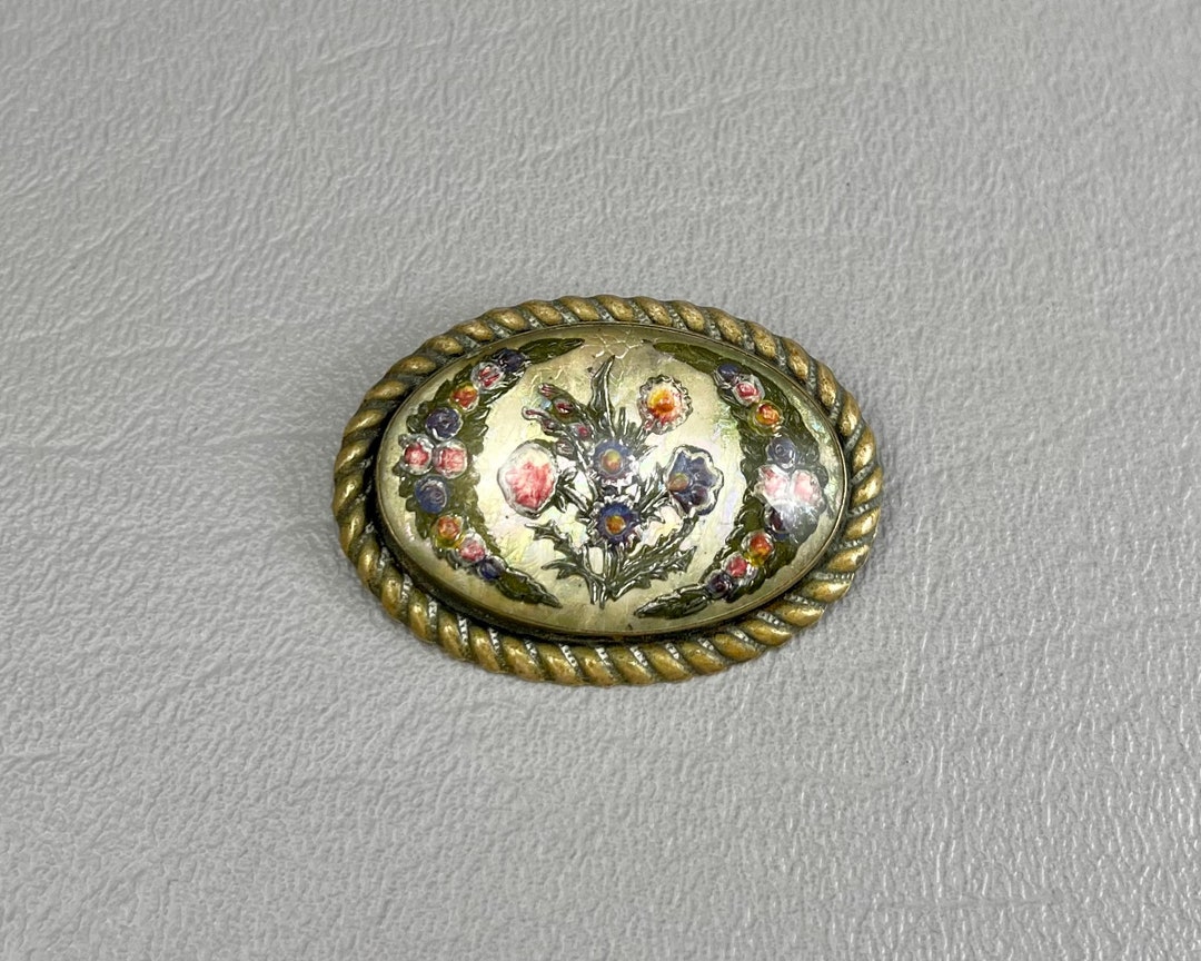 Antique Reversepainted Goofus Glass and Brass Brooch1 1/2 Inches Long