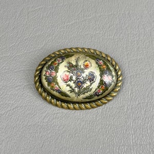 Antique Reverse-Painted Goofus Glass and Brass Brooch-1 1/2 Inches Long. Free shipping.