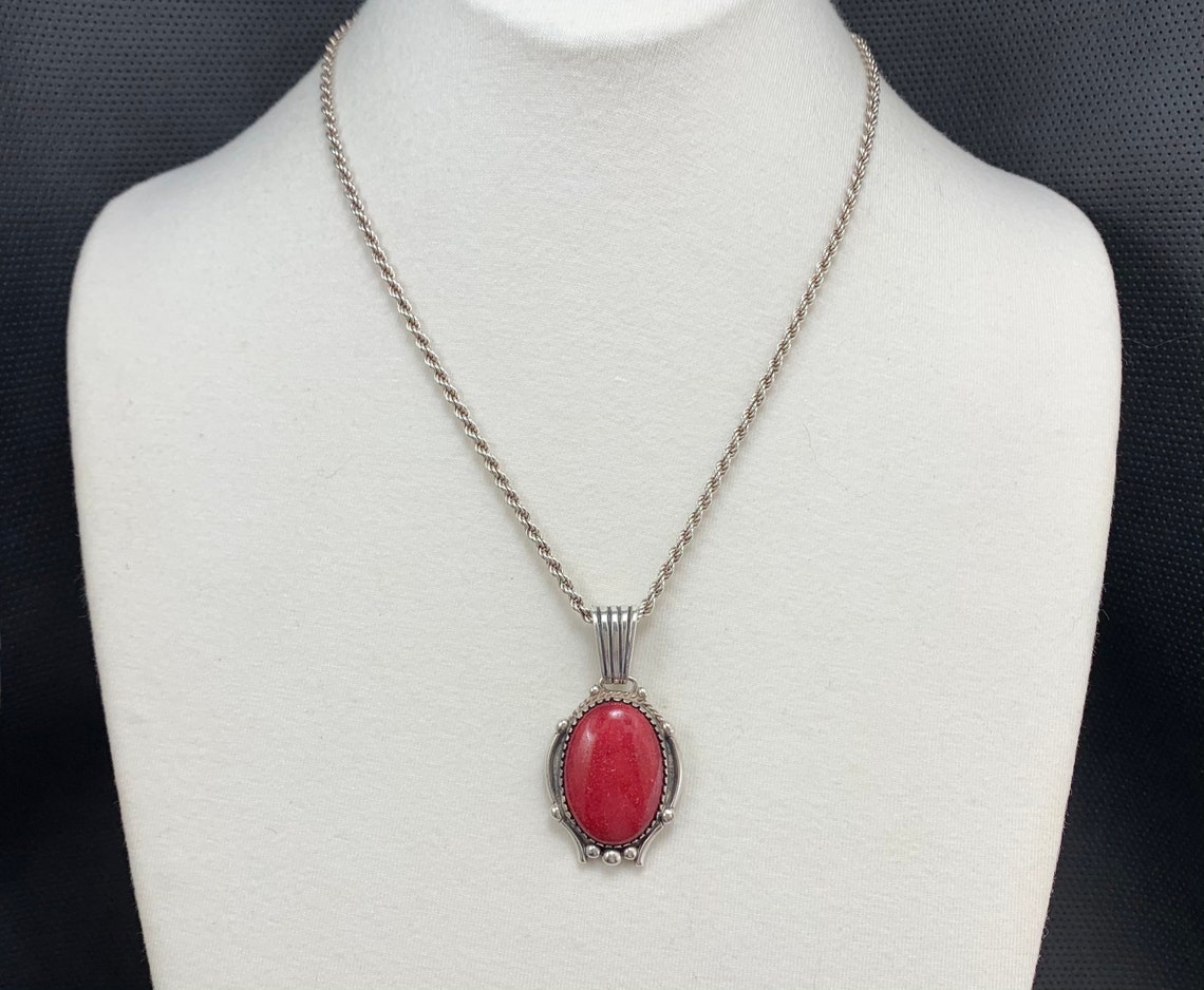Sterling Silver Necklace with Red Stone Pendant-1 3/4 Inch | Etsy