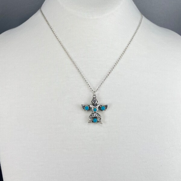 Native American Sterling Silver and Turquoise Kachina Pendant, on 18 Inch Sterling Silver Chain. Free shipping.