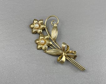 Sterling Silver Gold-Washed 1940s Flower Brooch with Pearls-3 Inches Long. Free shipping.