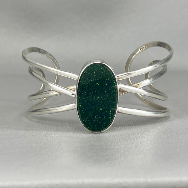 D. Montero’s Taxco Green Goldstone and 950 Silver Cuff Bracelet-2 1/2 Inches Wide. Fits a Larger Wrist. Free shipping.