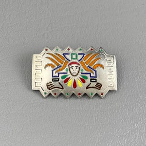 Vintage Enameled Guatemala Silver Brooch-1 7/8 Inches Across. Free shipping.