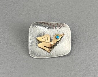 Old Cuzco Sterling Silver, 18 Karat Gold, and Turquoise Bird Brooch-1 1/2 Inches Wide. Free shipping.
