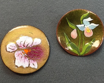 Two Handmade Enamel on Copper Brooches-Orchids. Free shipping